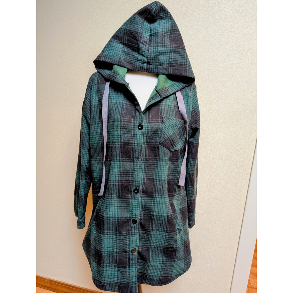 Must-See Grace Karin Hooded Plaid Coat | Green & Black | Size M